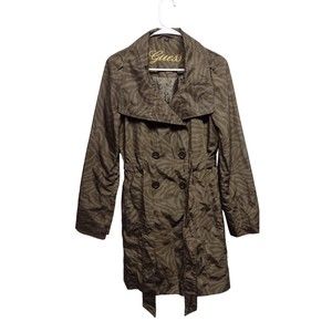 GUESS Rain Coat Women's Size Large Brown Green Animal Print Trench